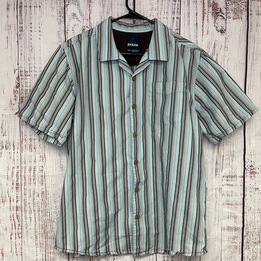 Prana Short Sleeve Button Up Shirt Mens Size Large Striped Dot Organic Cotton